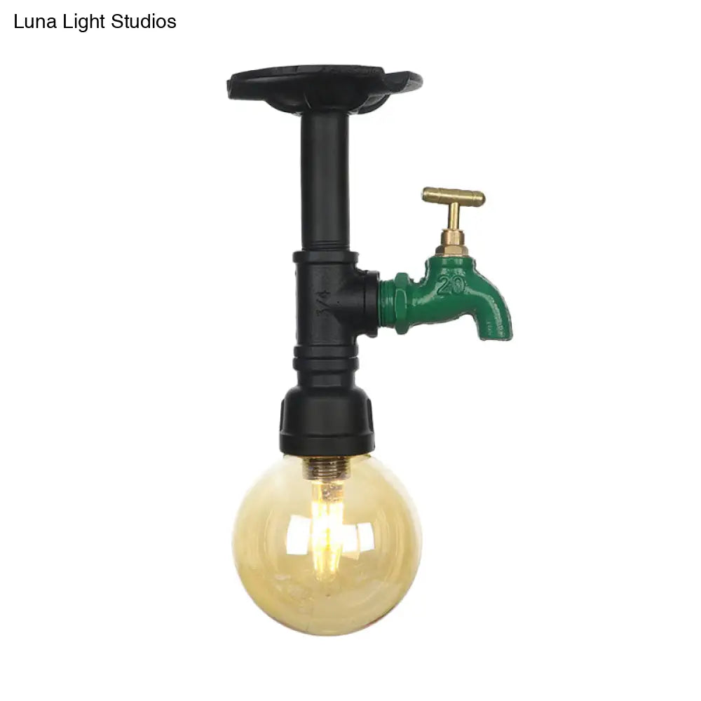 Amber Glass Semi Flush Industrial Ceiling Lamp - Global Black Finish
