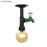 Amber Glass Semi Flush Industrial Ceiling Lamp - Global Black Finish