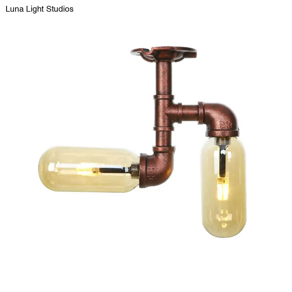 Amber Glass Semi Flush Industrial Dining Room Light Fixture In Weathered Copper - Capsule Shade 2 -