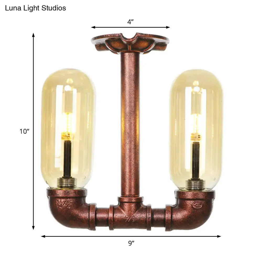 Amber Glass Semi Flush Industrial Dining Room Light Fixture In Weathered Copper - Capsule Shade 2 -