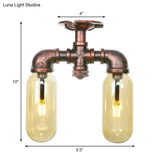 Amber Glass Semi Flush Industrial Dining Room Light Fixture In Weathered Copper - Capsule Shade 2 -