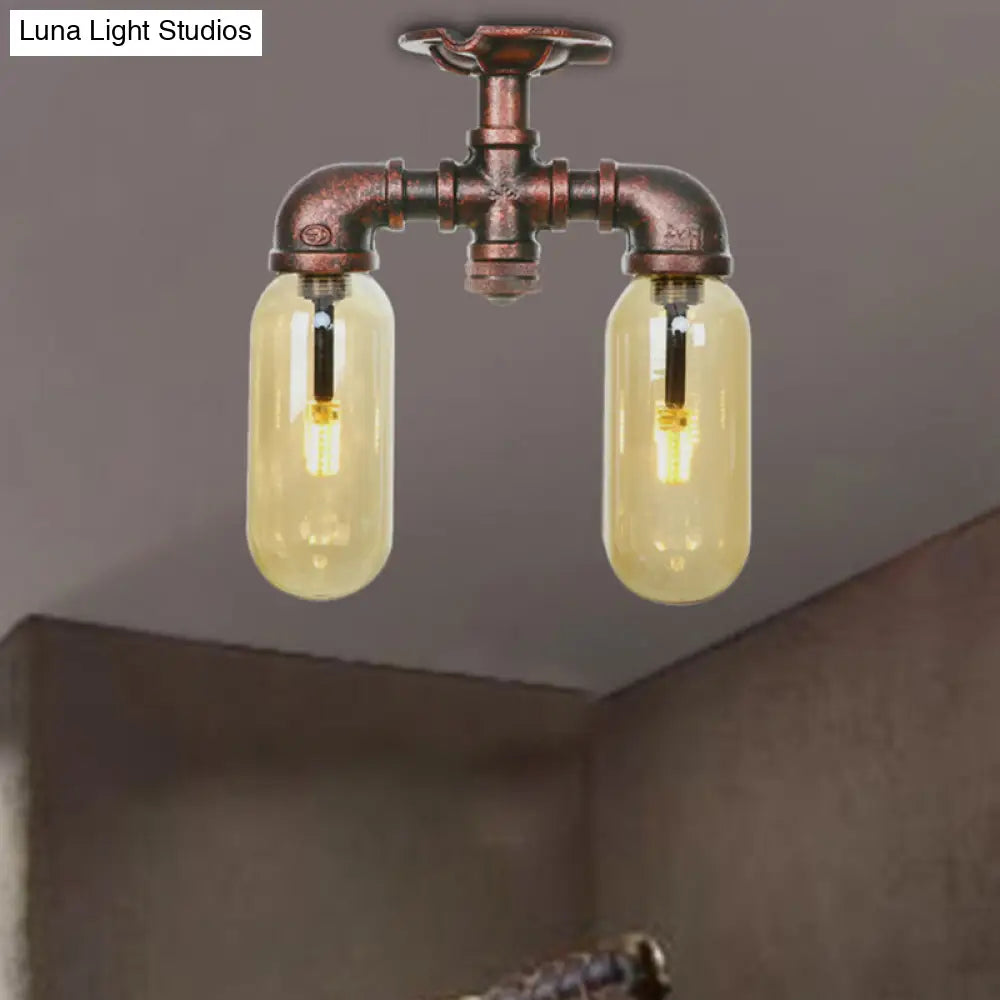 Amber Glass Semi Flush Industrial Dining Room Light Fixture In Weathered Copper - Capsule Shade 2 -