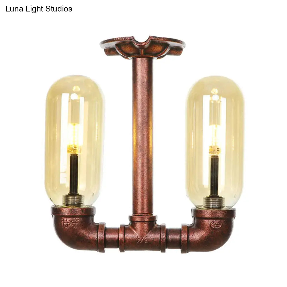 Amber Glass Semi Flush Industrial Dining Room Light Fixture In Weathered Copper - Capsule Shade 2 -