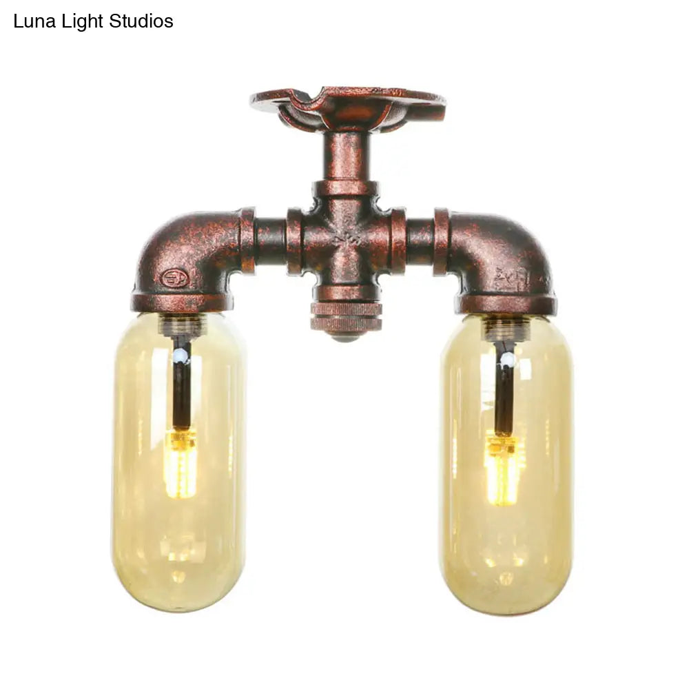 Amber Glass Semi Flush Industrial Dining Room Light Fixture In Weathered Copper - Capsule Shade 2 -