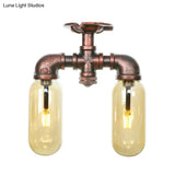 Amber Glass Semi Flush Industrial Dining Room Light Fixture In Weathered Copper - Capsule Shade 2 -