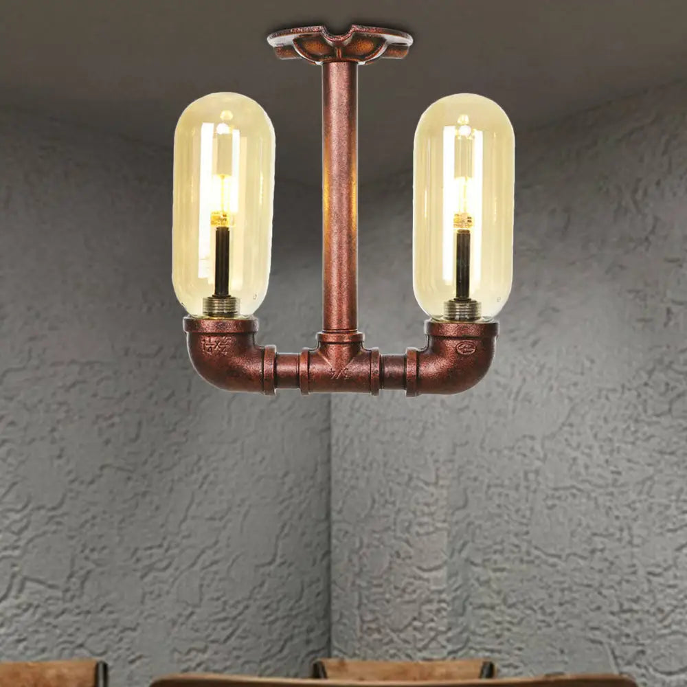 Amber Glass Semi Flush Industrial Dining Room Light Fixture In Weathered Copper - Capsule Shade 2 -