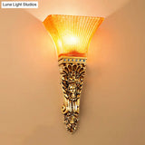 Amber Glass Torch Sconce Light: Colonial Style With Gold Finish Wall Mount Single Bulb Ribbed Design