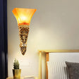 Amber Glass Torch Sconce Light: Colonial Style With Gold Finish Wall Mount Single Bulb Ribbed Design