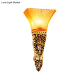 Amber Glass Torch Sconce Light: Colonial Style With Gold Finish Wall Mount Single Bulb Ribbed Design