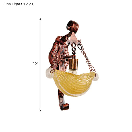 Amber Glass Vintage Sconce Light - Bowl Shaped Weathered Copper Wall Lamp For Bedroom