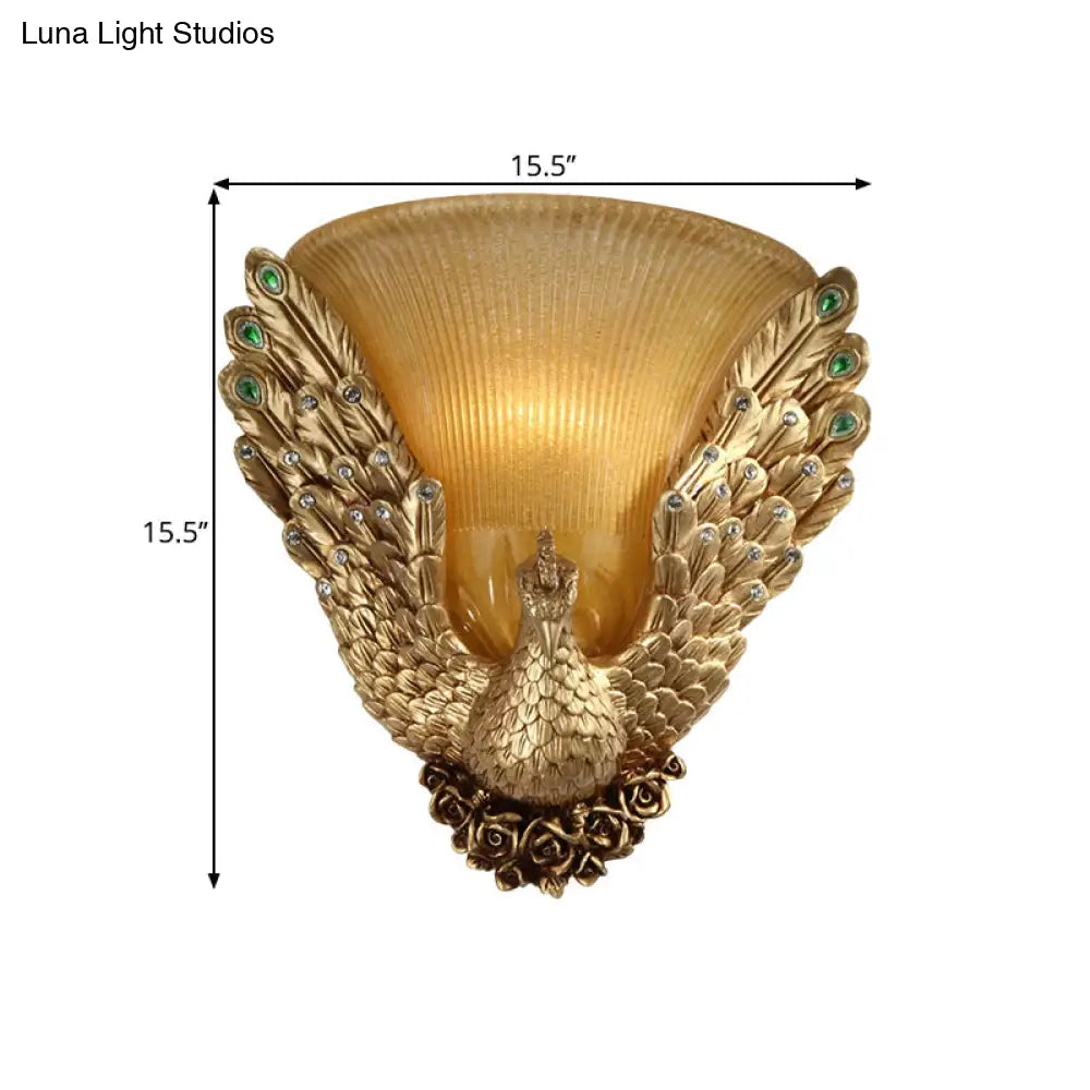 Amber Ribbed Glass 1-Head Gold Wall Sconce With Peacock Design - Bell Shape Lighting For Sitting