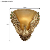Amber Ribbed Glass 1-Head Gold Wall Sconce With Peacock Design - Bell Shape Lighting For Sitting
