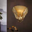Amber Ribbed Glass 1-Head Gold Wall Sconce With Peacock Design - Bell Shape Lighting For Sitting