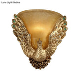 Amber Ribbed Glass 1-Head Gold Wall Sconce With Peacock Design - Bell Shape Lighting For Sitting