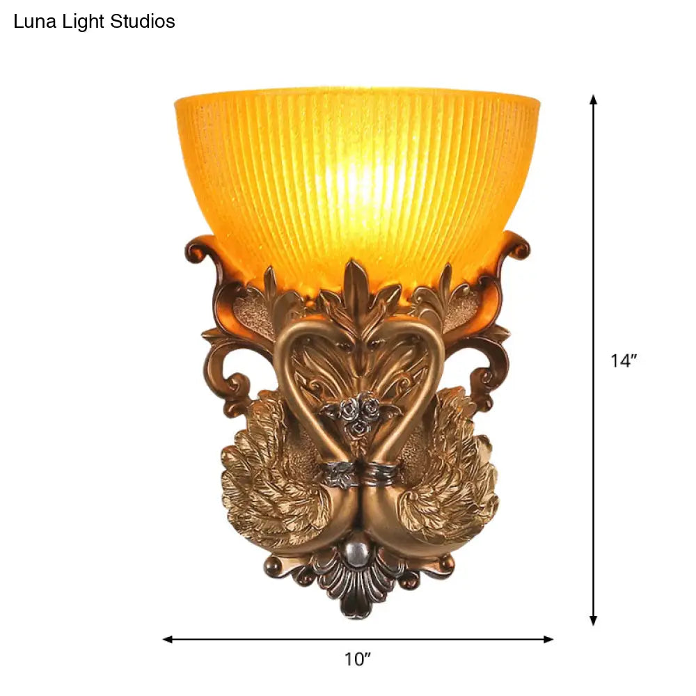 Amber Ribbed Glass Gold Sconce With Carving Swan Design - Single Head Rural Wall Lighting