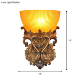Amber Ribbed Glass Gold Sconce With Carving Swan Design - Single Head Rural Wall Lighting