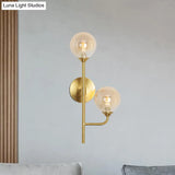 Amber/Smoke Gray Glass 2-Head Led Wall Sconce - Sphere Bathroom Mount Light With Brass Finish