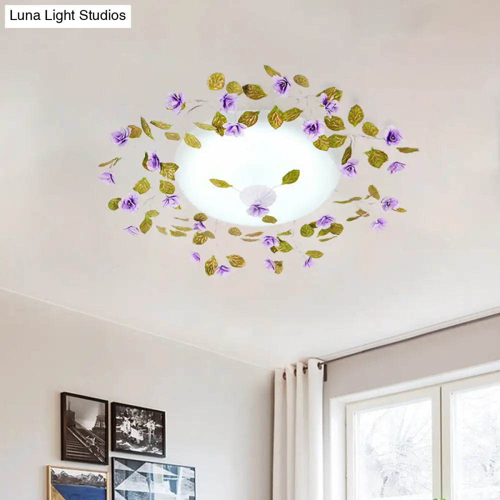 Ambient Led White Glass Semi Flush Ceiling Light - Countryside Purple Domed Design With Flower And