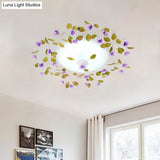 Ambient Led White Glass Semi Flush Ceiling Light - Countryside Purple Domed Design With Flower And