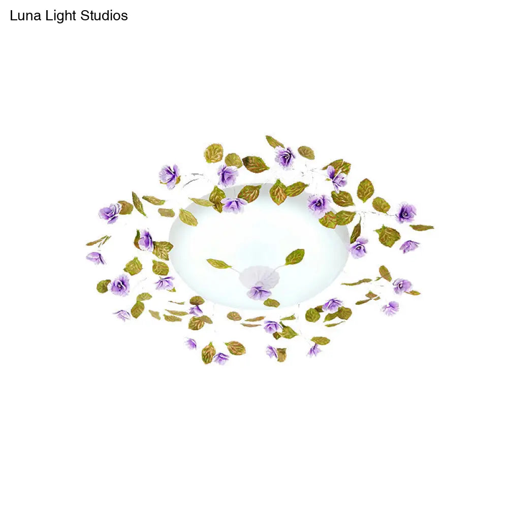 Ambient Led White Glass Semi Flush Ceiling Light - Countryside Purple Domed Design With Flower And