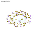Ambient Led White Glass Semi Flush Ceiling Light - Countryside Purple Domed Design With Flower And