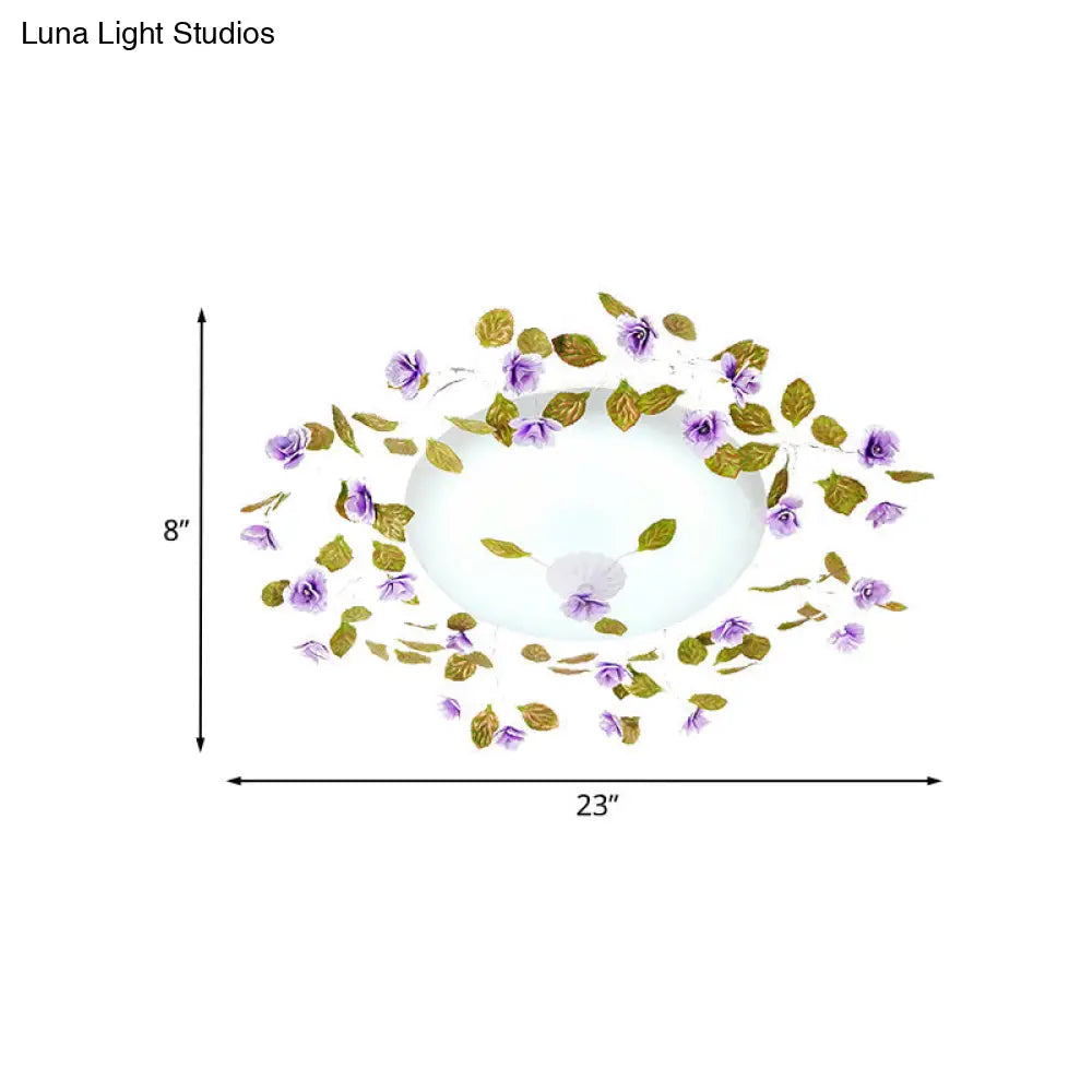 Ambient Led White Glass Semi Flush Ceiling Light - Countryside Purple Domed Design With Flower And