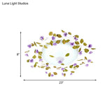 Ambient Led White Glass Semi Flush Ceiling Light - Countryside Purple Domed Design With Flower And