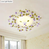 Ambient Led White Glass Semi Flush Ceiling Light - Countryside Purple Domed Design With Flower And