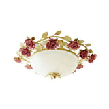 American Flower Bowl Ceiling Flush 3-Light Opal Frosted Glass Flushmount Lighting - Pink/Green
