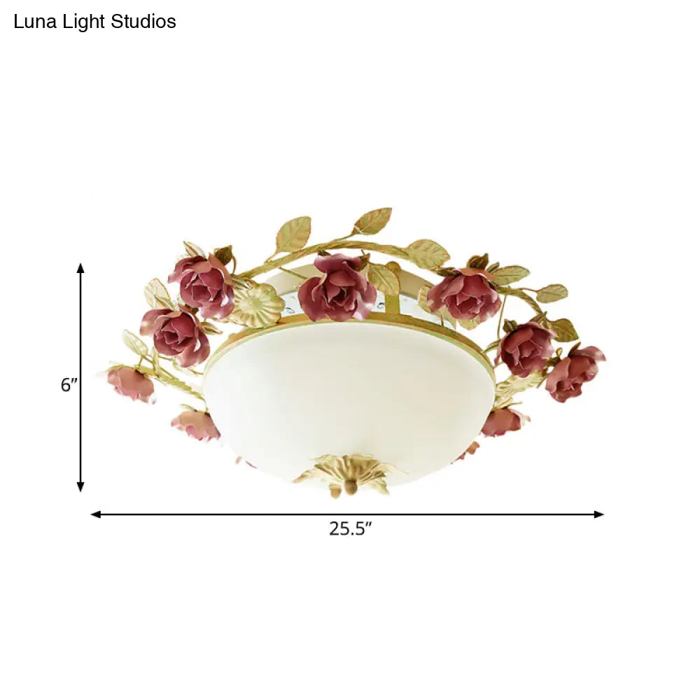 American Flower Bowl Ceiling Flush 3 - Light Opal Frosted Glass Flushmount Lighting - Pink/Green