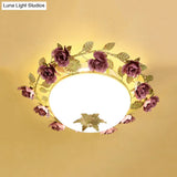 American Flower Bowl Ceiling Flush 3 - Light Opal Frosted Glass Flushmount Lighting - Pink/Green