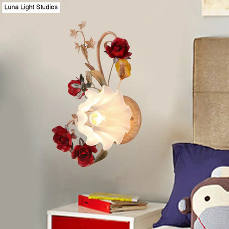 American Flower Wall Sconce 1 Bulb Blooming Light In Red Brown Frosted White Glass -