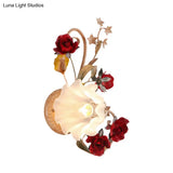 American Flower Wall Sconce 1 Bulb Blooming Light In Red Brown Frosted White Glass -