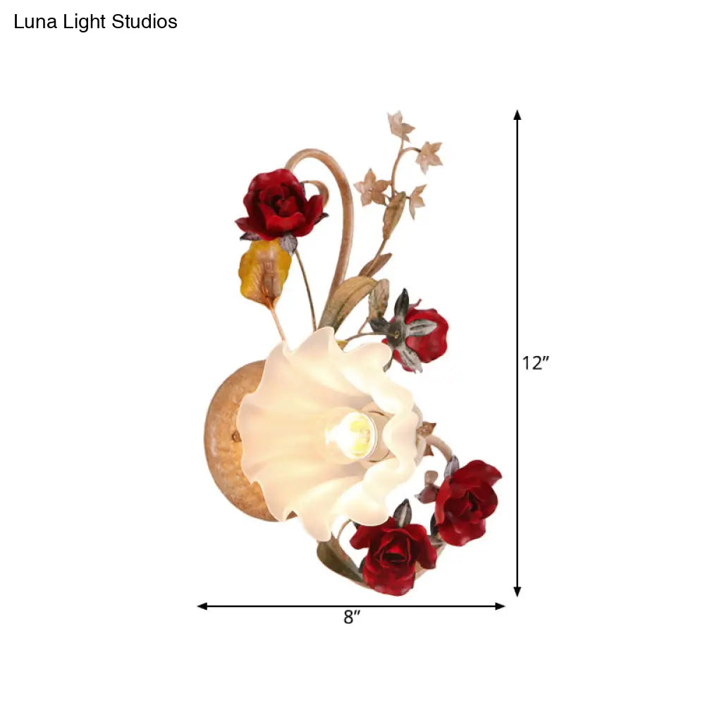 American Flower Wall Sconce 1 Bulb Blooming Light In Red Brown Frosted White Glass -