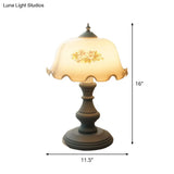 American Flower White Glass Bedside Table Lamp With Ruffle-Edge Bowl Design And Blue Nightstand