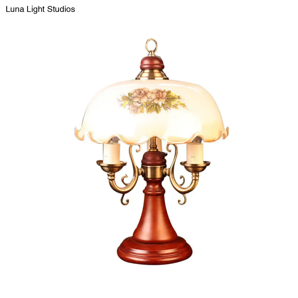 American Flower Wooden Table Lamp With Wide Bowl Glass Shade - Red Brown