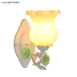 American Garden 1-Light Wall Sconce - Pink/Green/Blue Frosted White Glass Floral Design