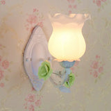 American Garden 1-Light Wall Sconce - Pink/Green/Blue Frosted White Glass Floral Design Green