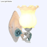 American Garden 1-Light Wall Sconce - Pink/Green/Blue Frosted White Glass Floral Design