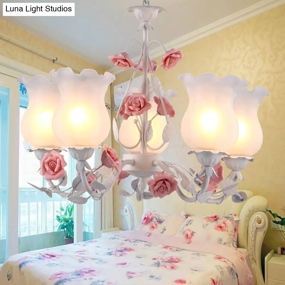 American Garden Flower Chandelier Light - 5-Light White Pendant Ceiling Fixture With Frosted Glass