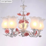 American Garden Flower Chandelier Light - 5-Light White Pendant Ceiling Fixture With Frosted Glass