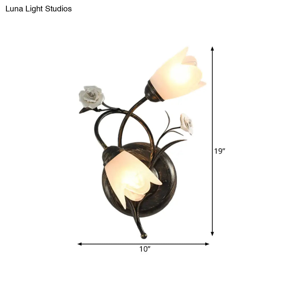 American Garden Flower Wall Lamp With Bronze Finish Frosted Glass Sconce Light - 2-Head Left/Right