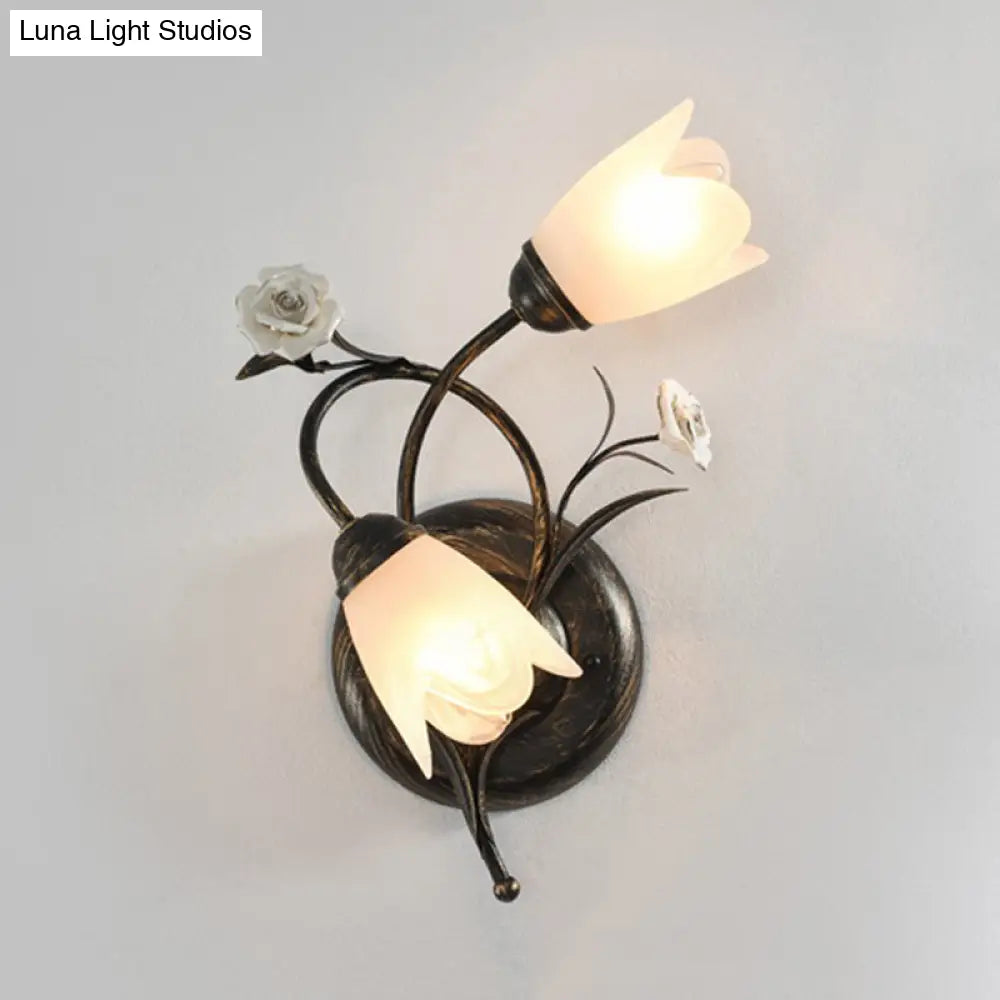 American Garden Flower Wall Lamp With Bronze Finish Frosted Glass Sconce Light - 2-Head Left/Right