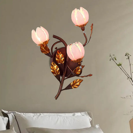 American Garden Metal Lotus/Lily/Tulip Wall Light - Dark Brown 3 Bulbs Led Living Room Lighting / E