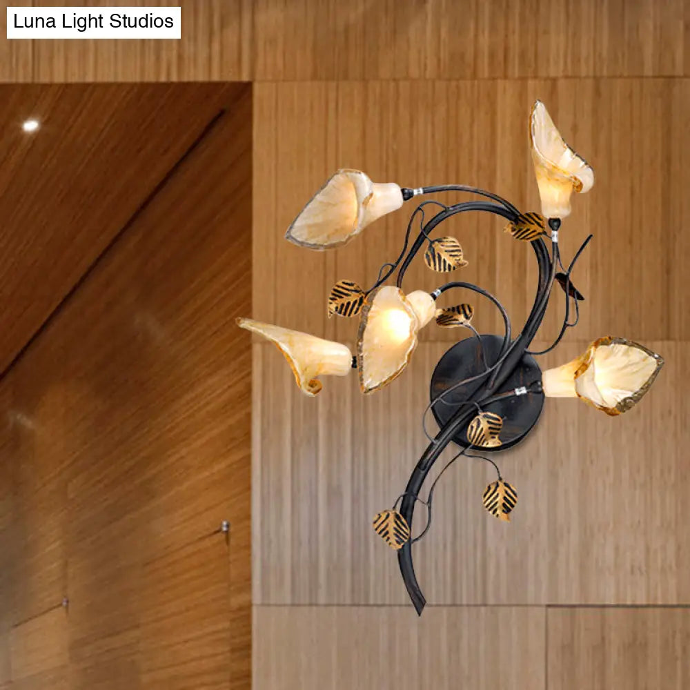 American Garden Metal Wall Sconce Light - Blossom Collection 5 Heads Black Fixture
