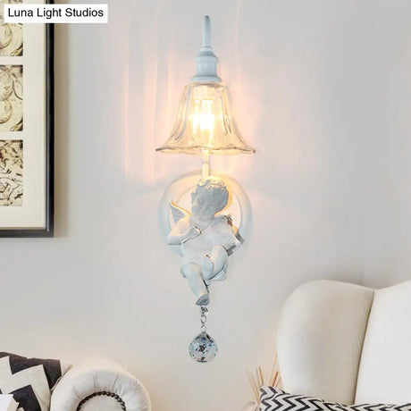 Angel Cream Wall Light Decorative 1-Head Resin Lamp - Flower Glass Shade & Crystal Orb