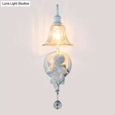 Angel Cream Wall Light Decorative 1-Head Resin Lamp - Flower Glass Shade & Crystal Orb