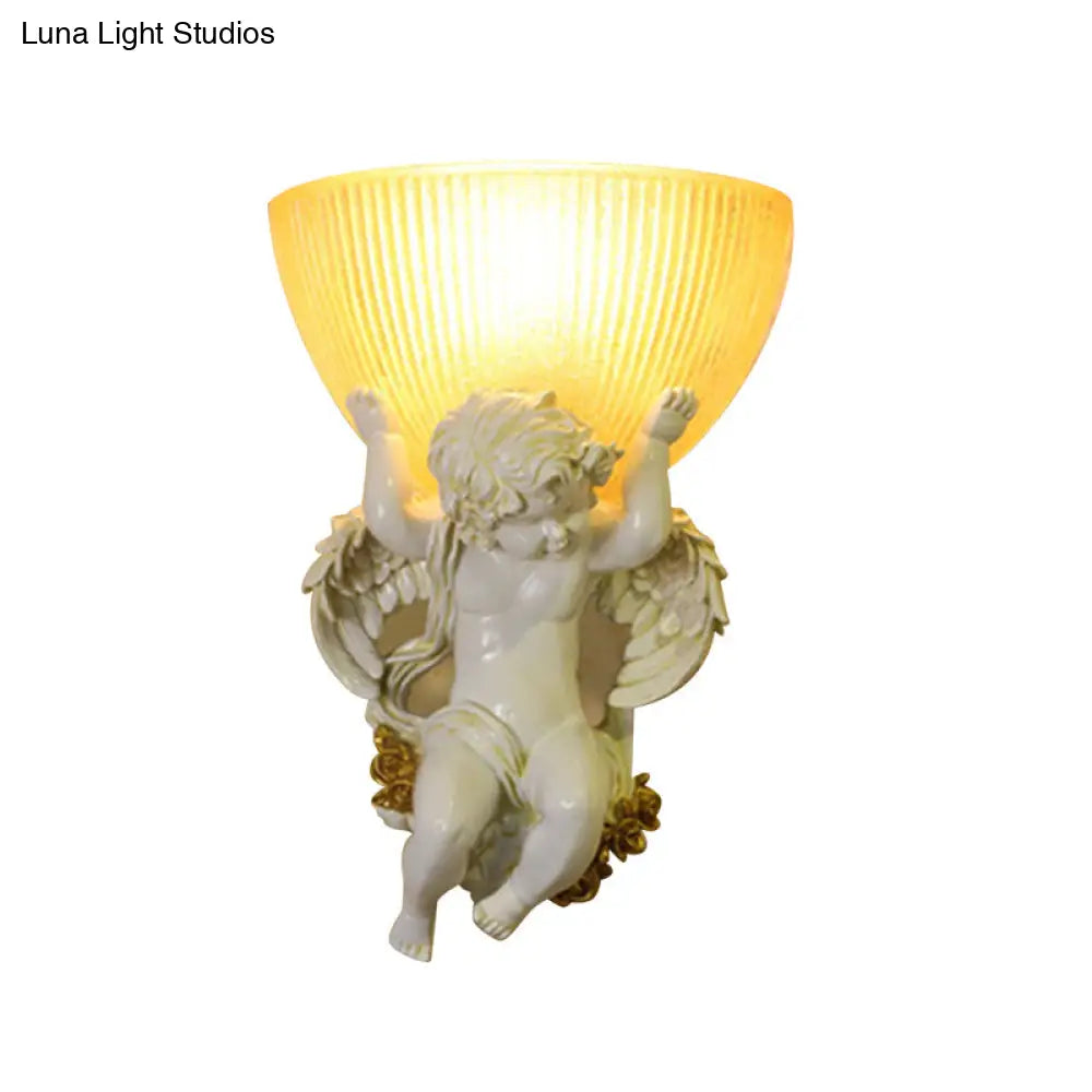 Angel Sconce Light Colony Metal Wall Lamp With Dome Amber Glass Shade White/Gold Left/Right Head