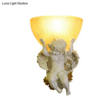 Angel Sconce Light Colony Metal Wall Lamp With Dome Amber Glass Shade White/Gold Left/Right Head