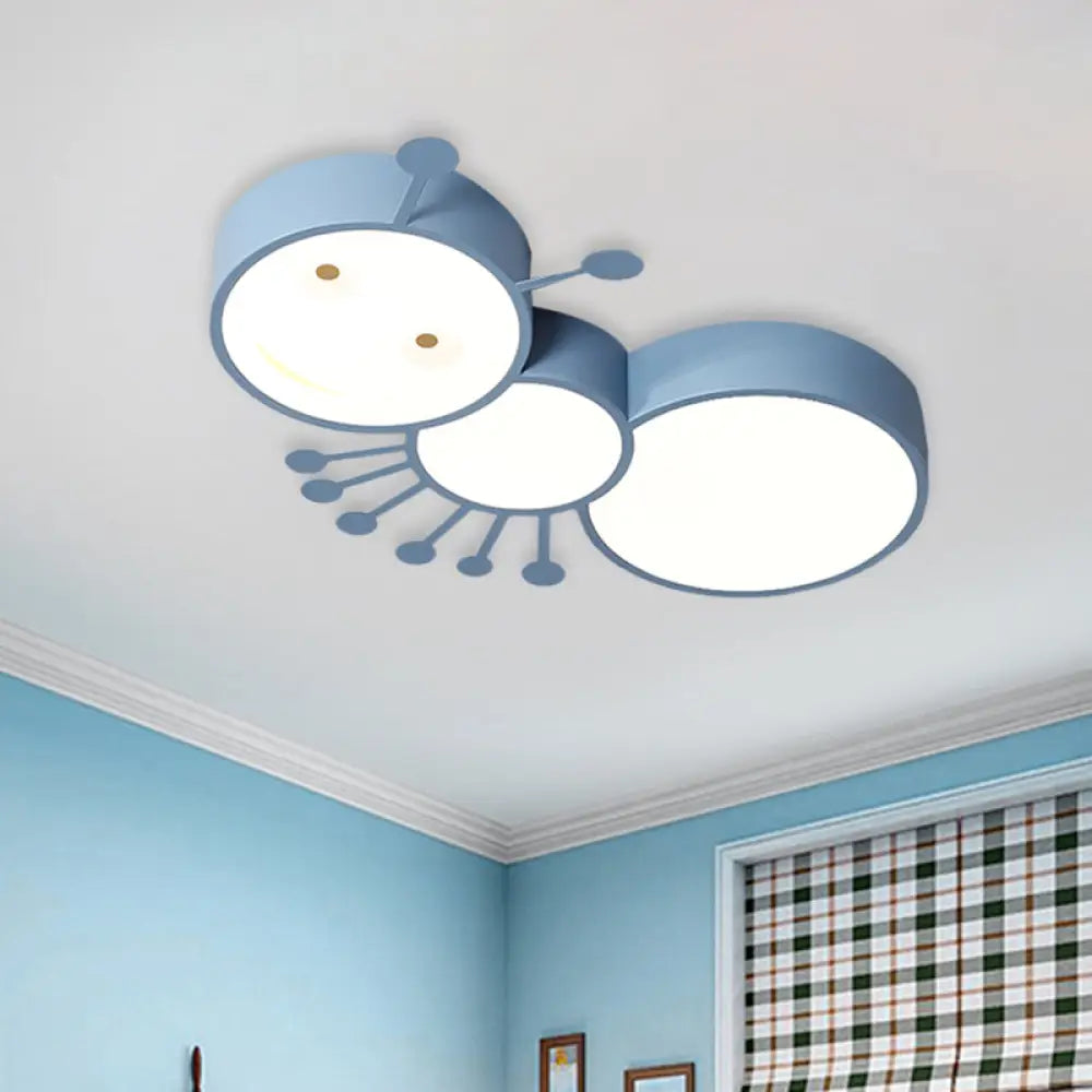 Ant Baby Led Ceiling Lamp In White/Pink/Blue - Cartoon Iron Flush Mount Lighting Blue